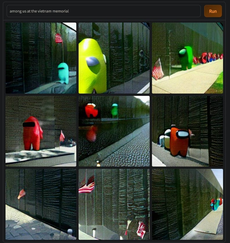 The meme is a screenshot from the popular online game "Among Us" featuring the game's characters, known as "Impostors," standing in front of the Vietnam War Memorial in Washington D.C. The image is captioned "among us at the vietnam memorial".